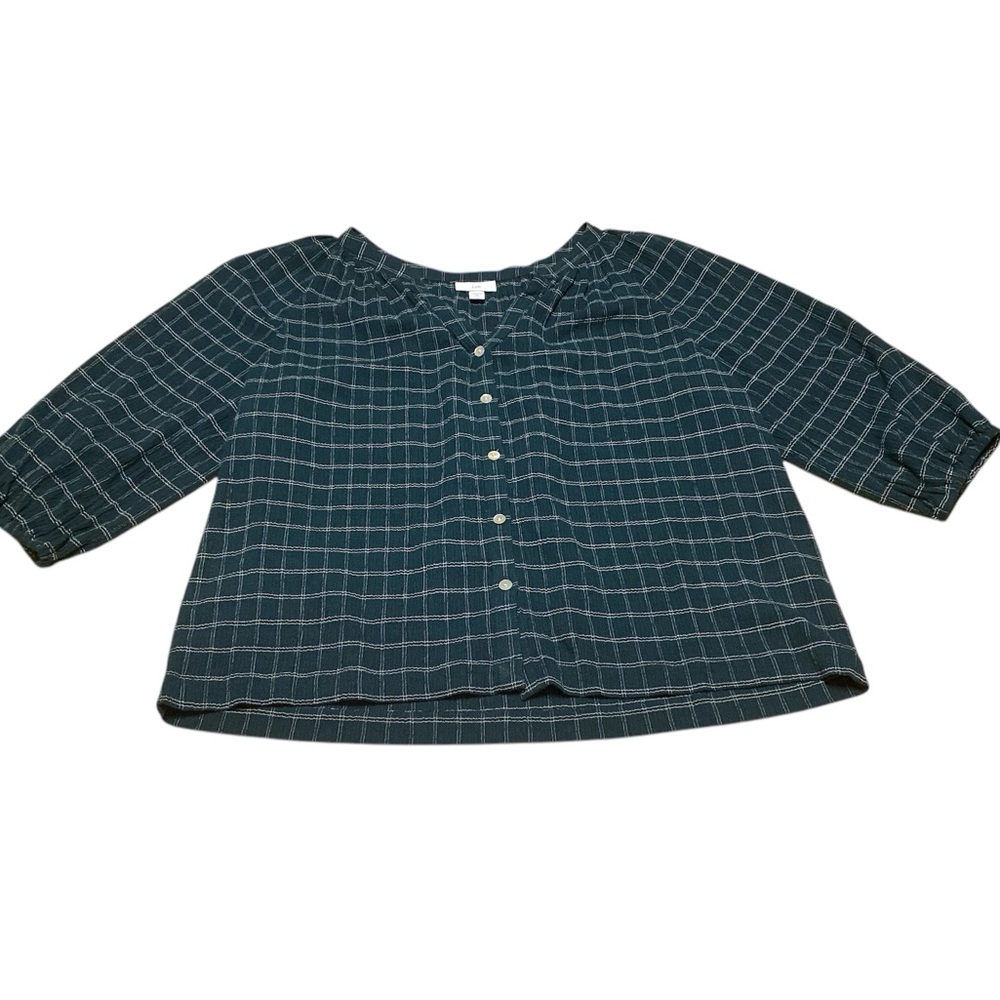 J. Jill Women's Crinkled Plaid Button-Up Top Size M Petite Evergreen Blouse - Picture 4 of 16